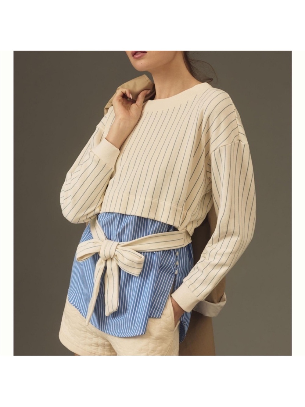 Anthropologie Striped Cream White Blue Bow Tie Long Sleeve Twofer Large - Picture 3 of 5